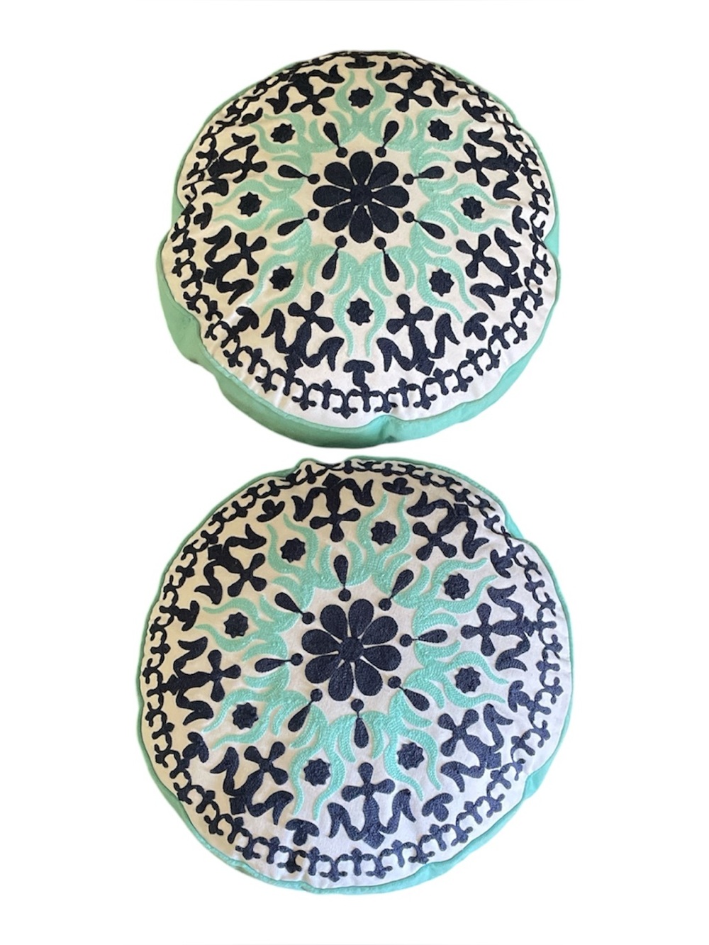 Set of navy blue & mint green embroidered mandala design toss pillows